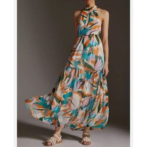 Anthropologie Maeve Keyhole Halter Maxi Dress Large Geometric Resort Vacation